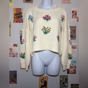 Woven Heart Cream Sweater with Floral Embroidery